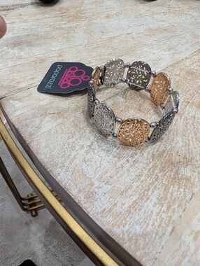 paparazzi Two-Tone Filigree Medallion Stretch Bracelet - Silver and Gold